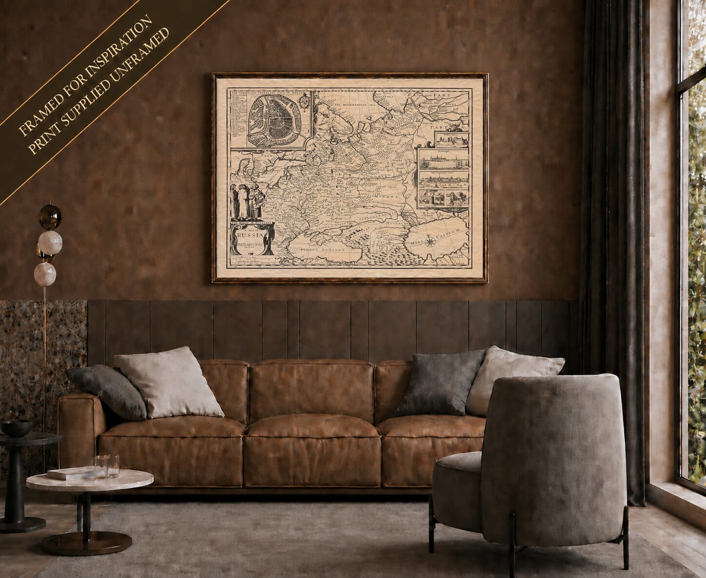 Old map of Russia shown framed on a living-room wall
