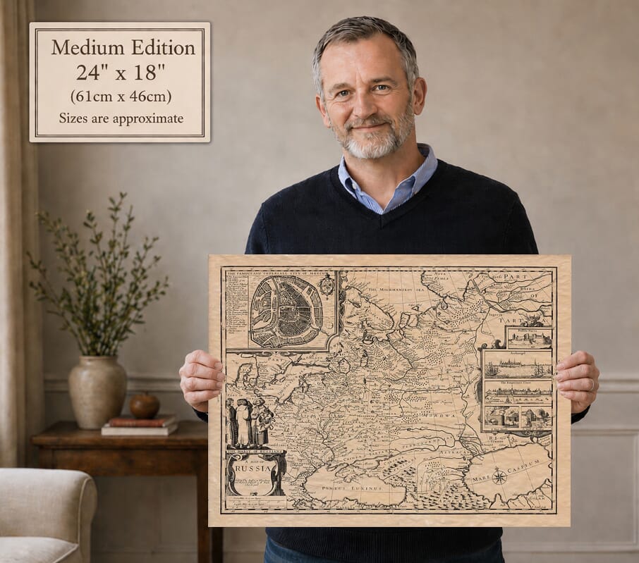 Model holding the Medium Edition old map of Russia