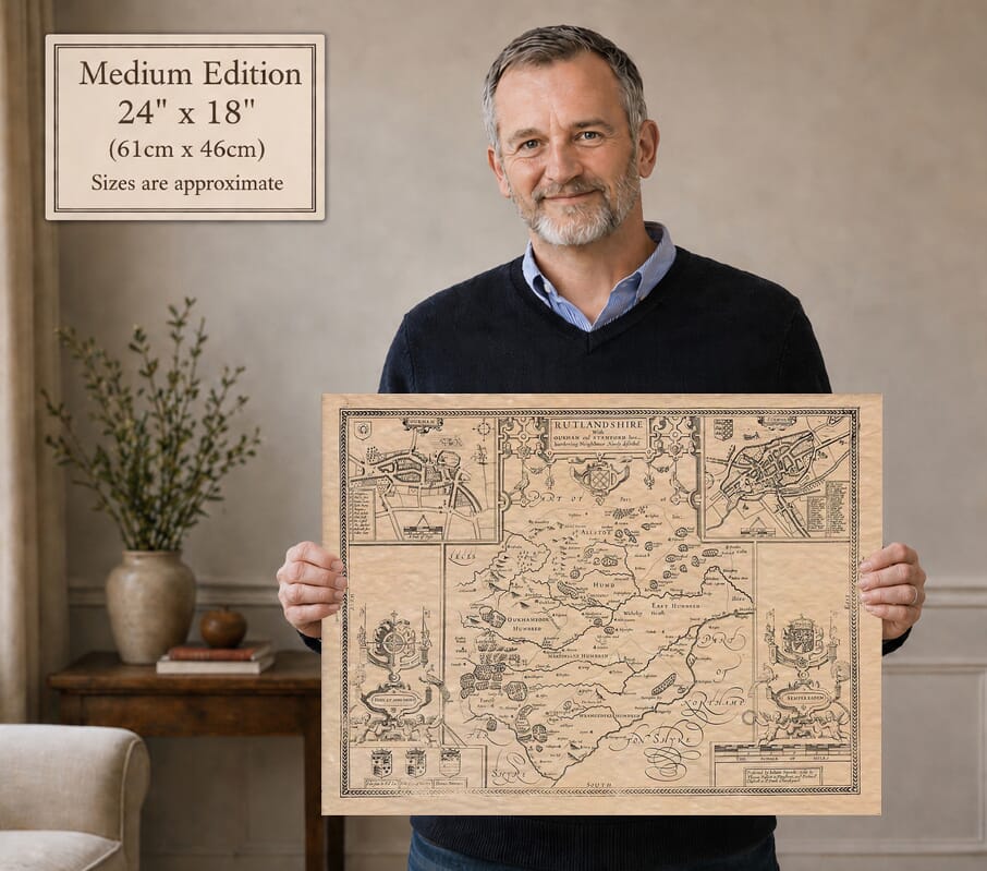 Model holding the Medium Edition old map of Rutland