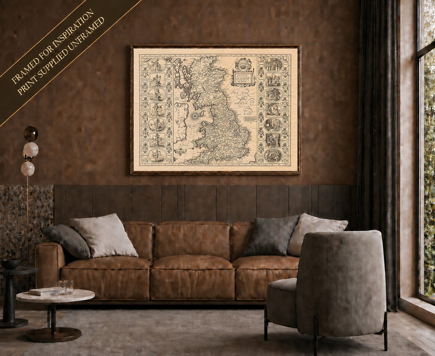 Old map of Anglo-Saxon Britain shown framed on a living-room wall