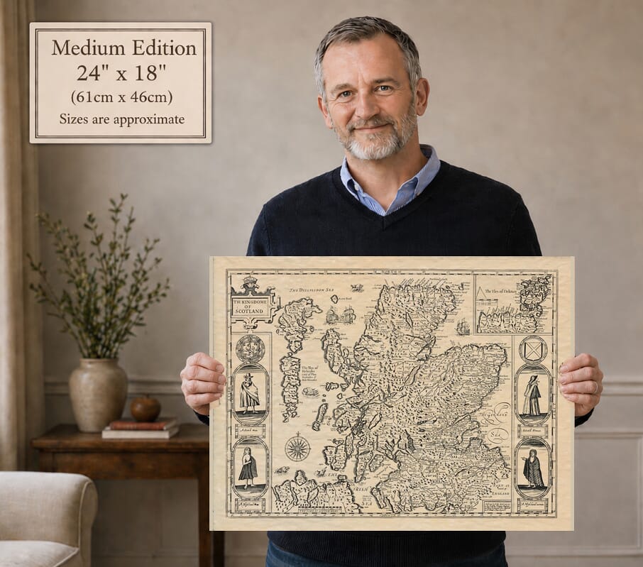 Model holding the Medium Edition old map of Scotland
