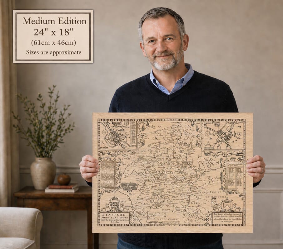 Model holding the Medium Edition old map of Staffordshire