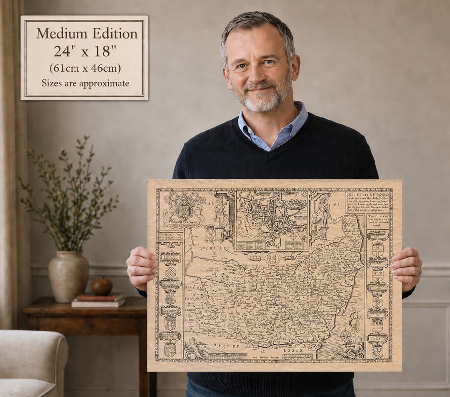 Model holding the Medium Edition old map of Suffolk