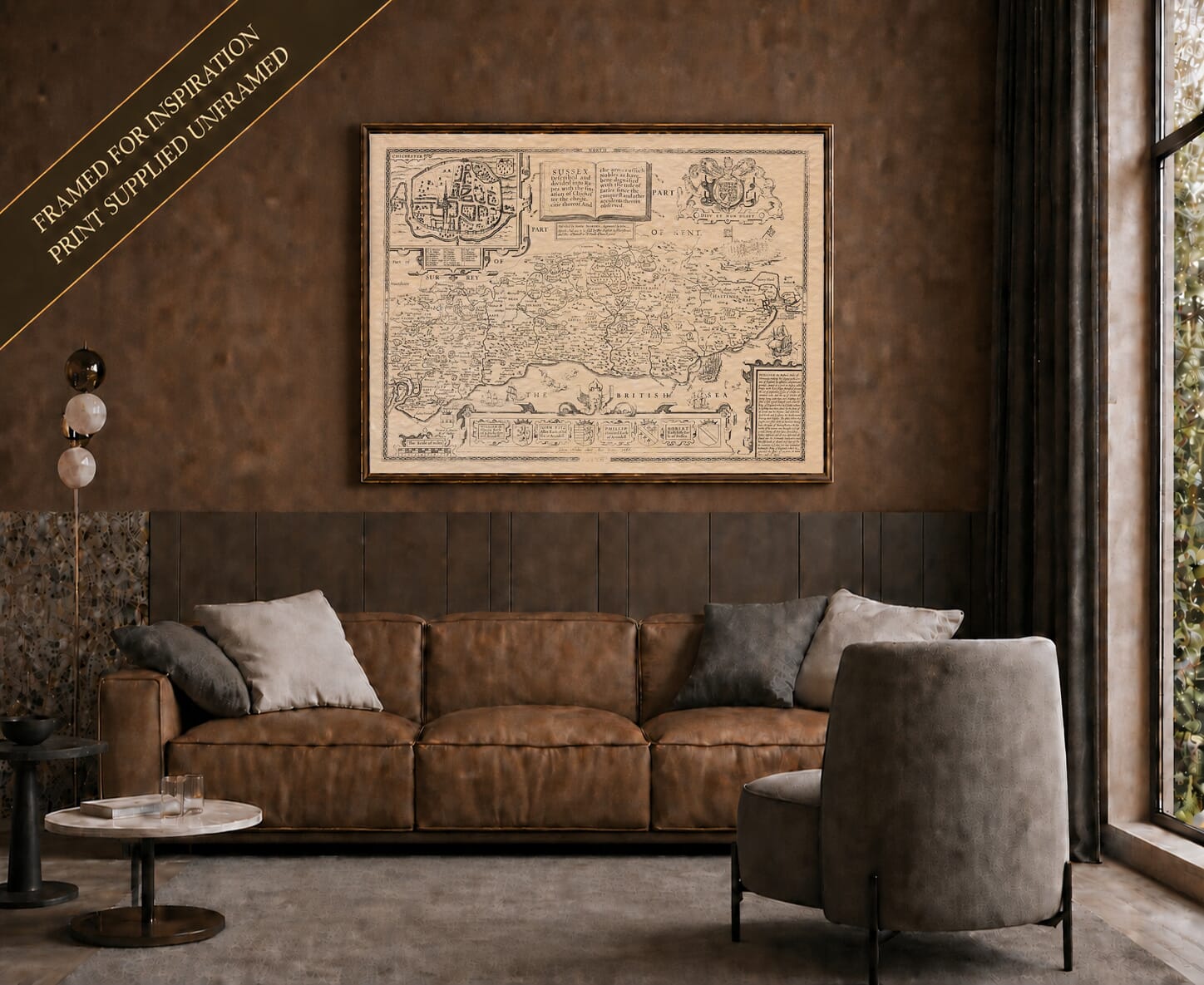 Old map of Sussex shown framed on a living-room wall