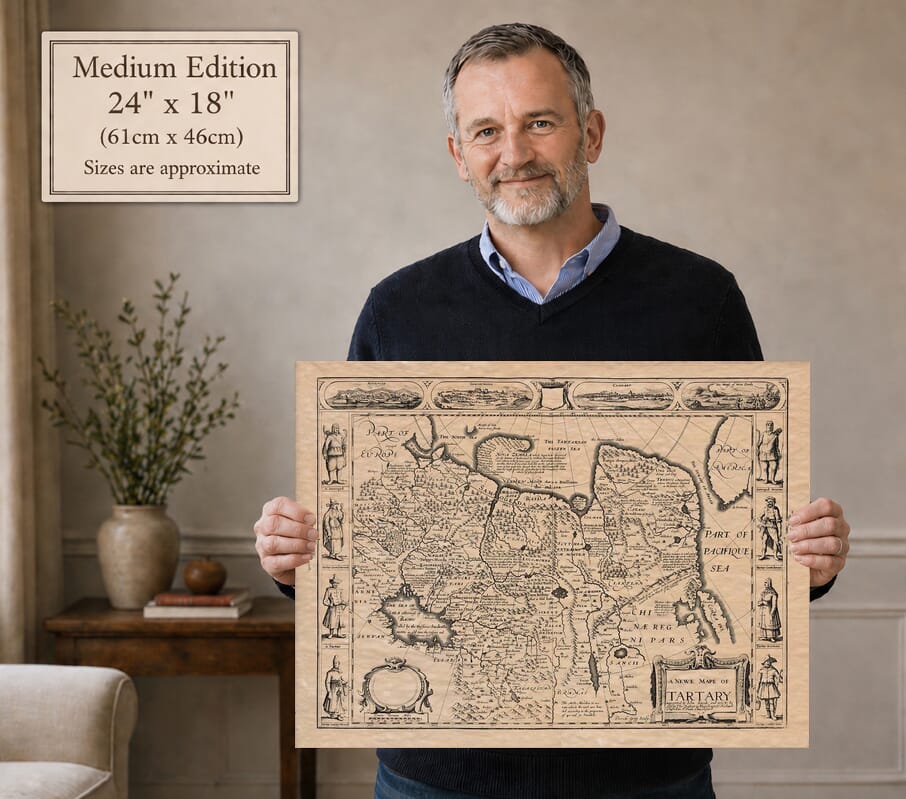 Model holding the Medium Edition old map of Tartary
