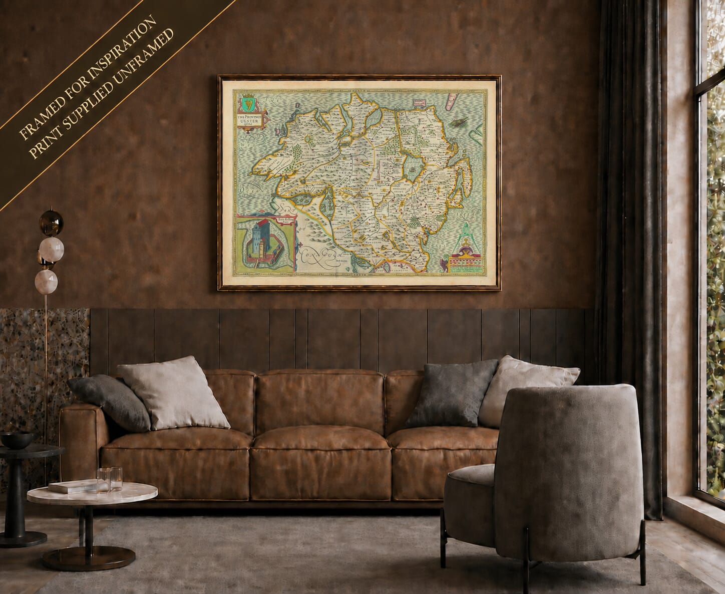Old map of Ulster (coloured edition) shown framed on a living-room wall