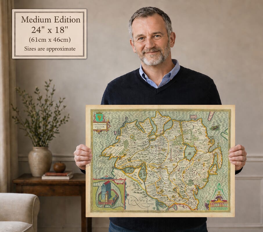 Model holding the Medium Edition old map of Ulster (coloured edition)