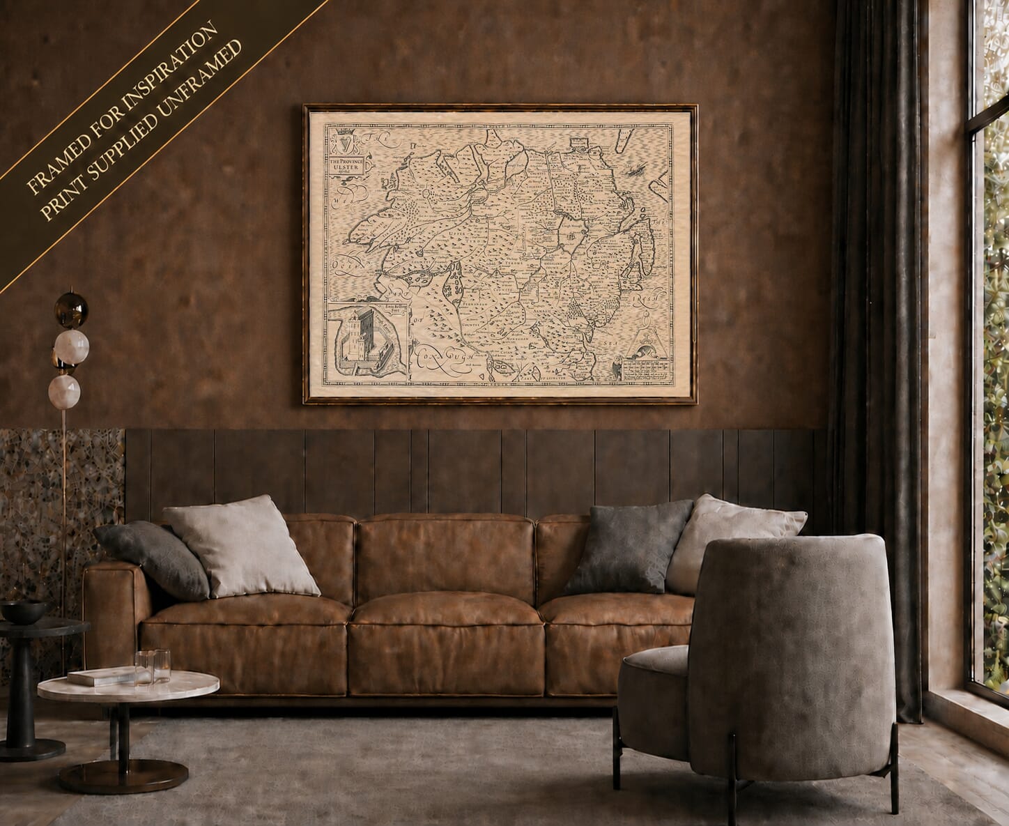 Old map of Ulster shown framed on a living-room wall