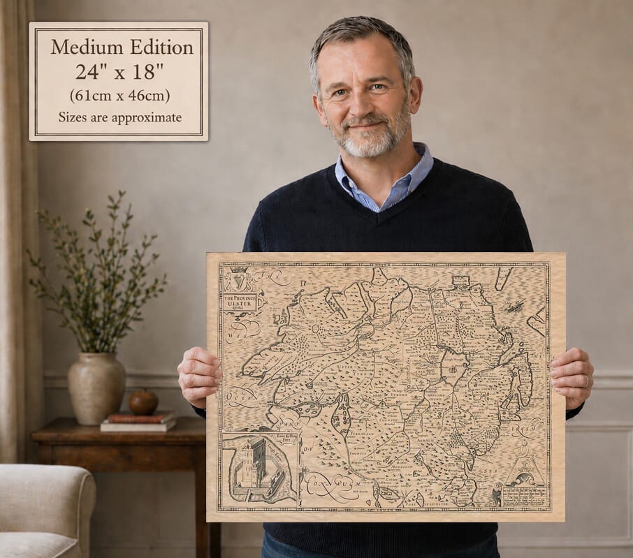Model holding the Medium Edition old map of Ulster