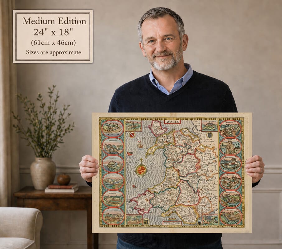 Model holding the Medium Edition old map of Wales (coloured edition)