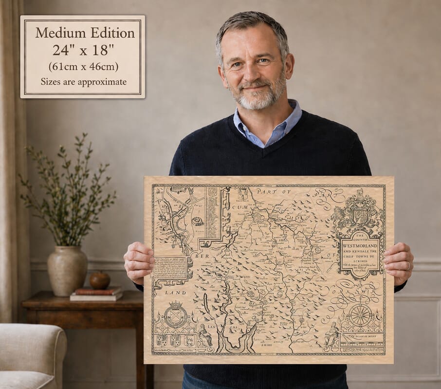Model holding the Medium Edition old map of Westmorland