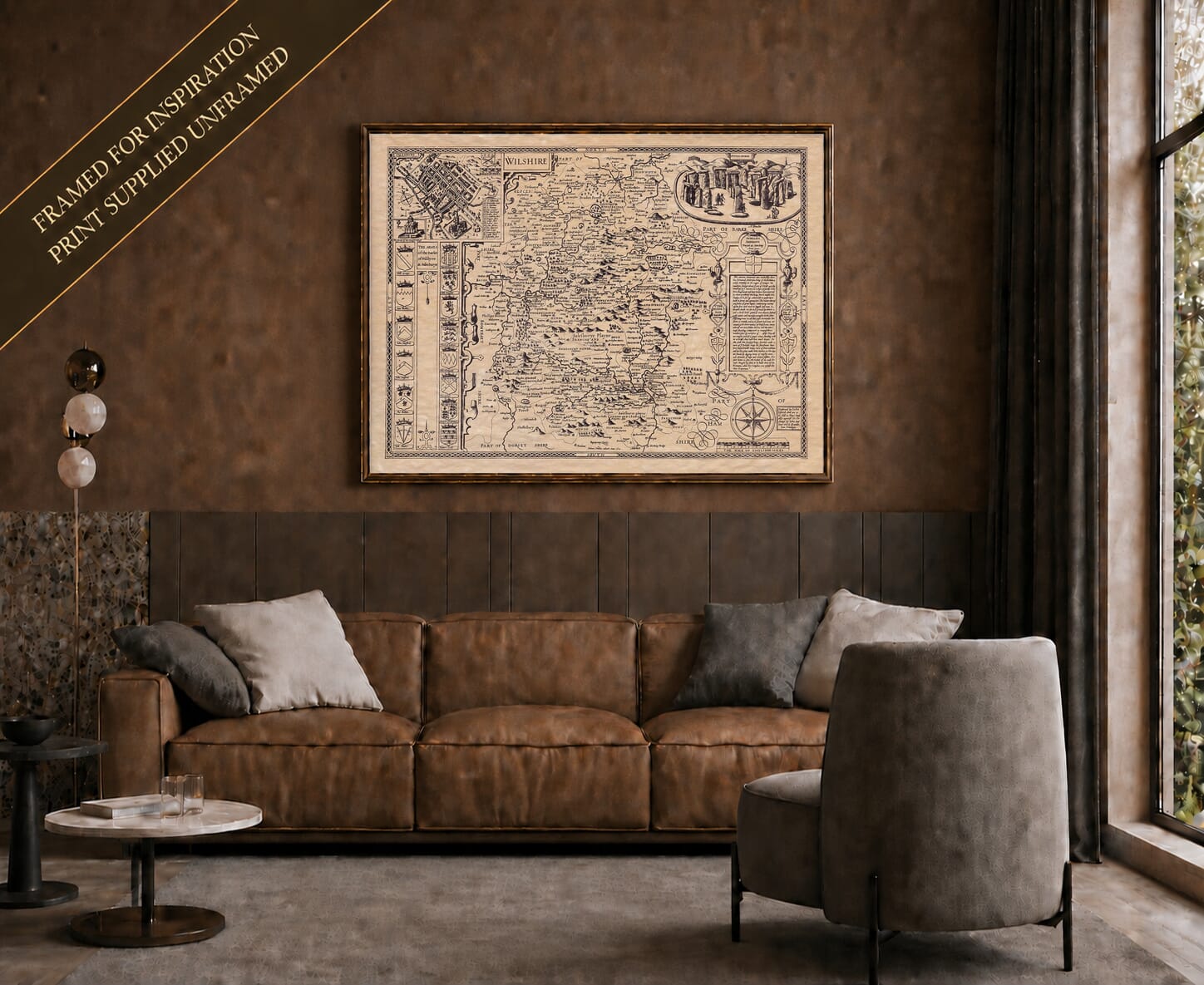 Old map of Wiltshire shown framed on a living-room wall