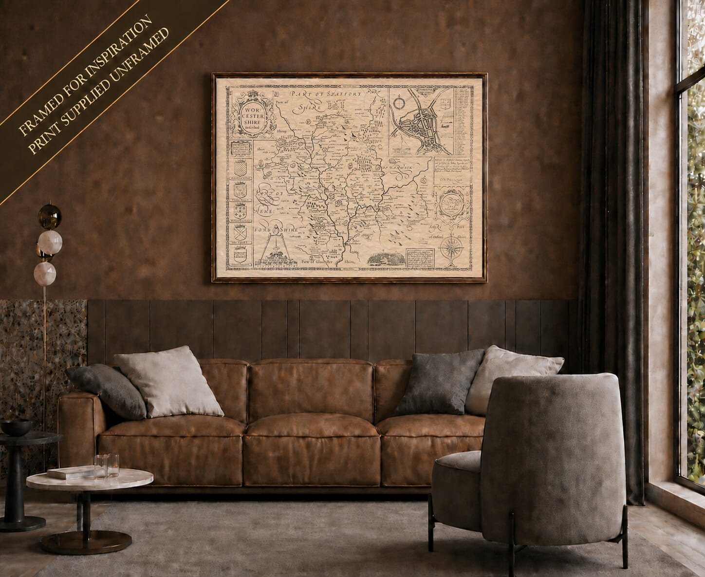 Old map of Worcestershire shown framed on a living-room wall