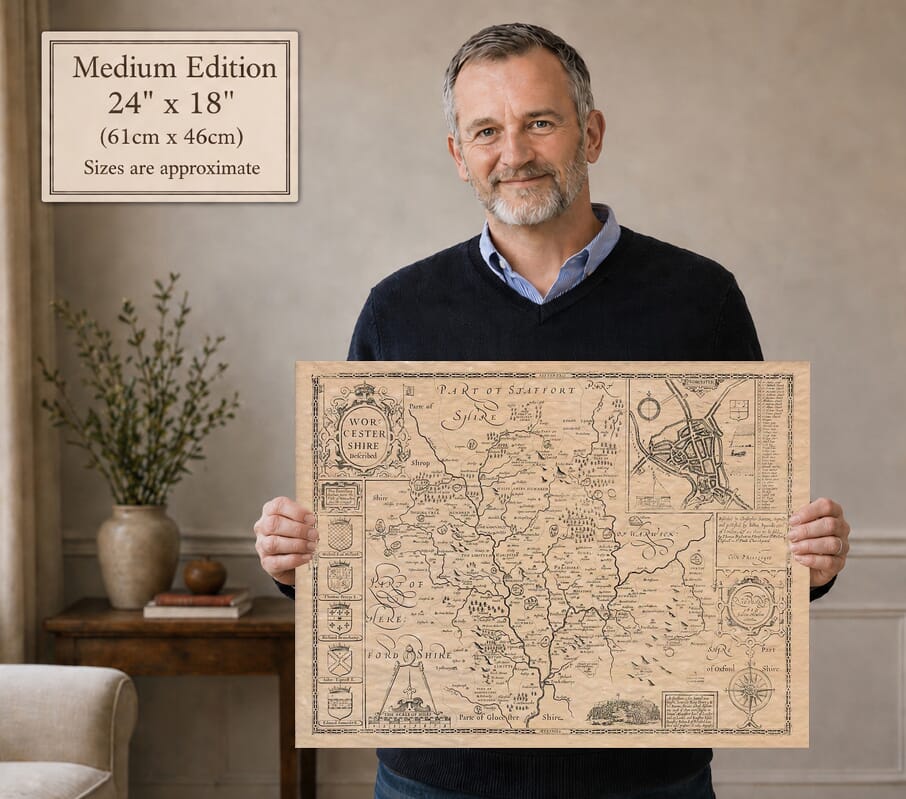 Model holding the Medium Edition old map of Worcestershire