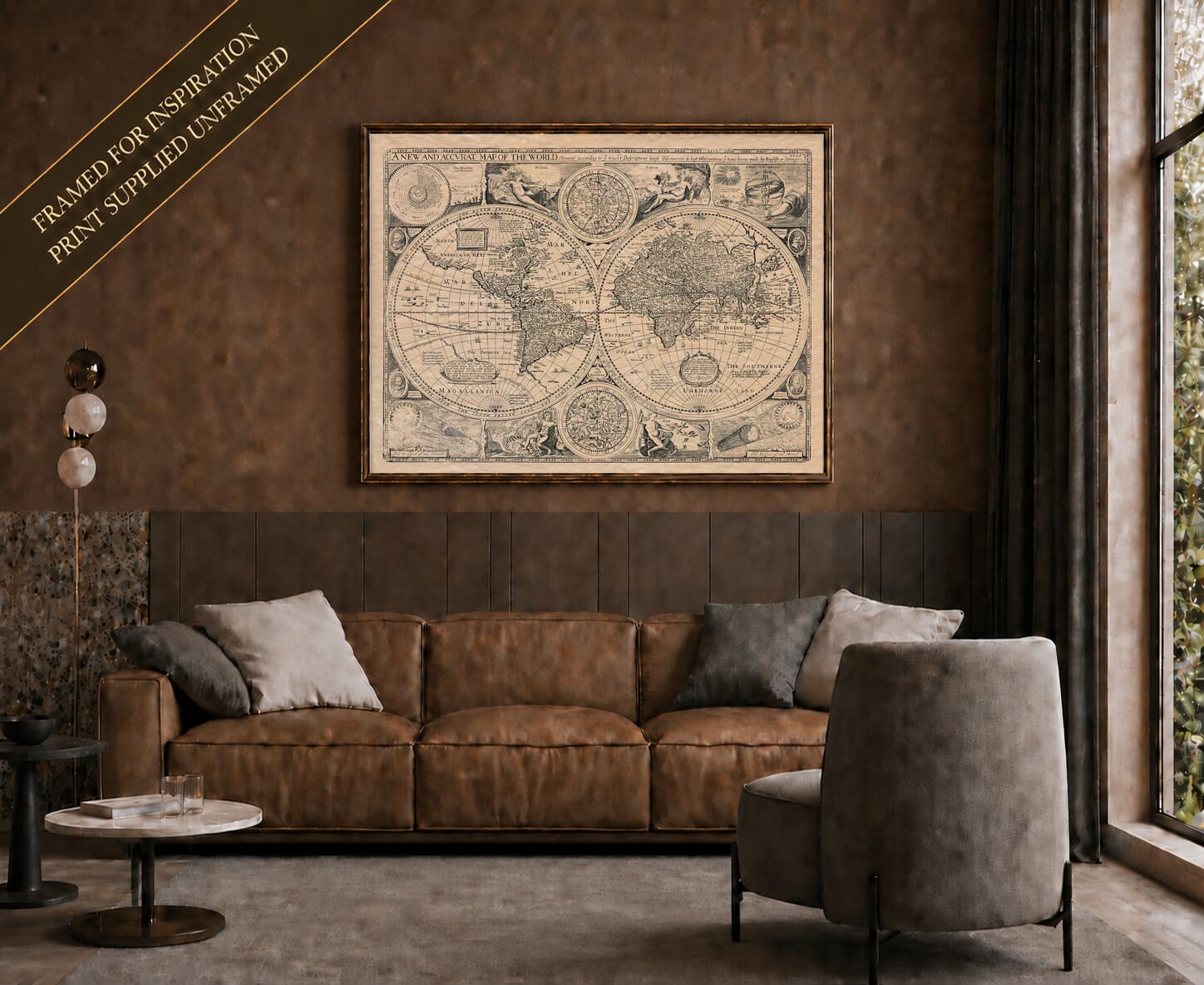 Old map of World shown framed on a living-room wall