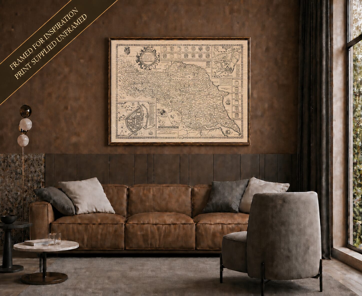 Old map of Yorkshire North And East Ridings shown framed on a living-room wall