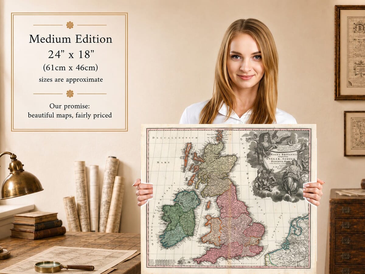 Model holding the Medium Edition old map of Great Britain and Ireland