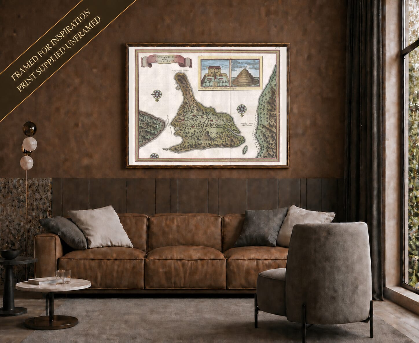 Old map of Bali shown framed on a living-room wall