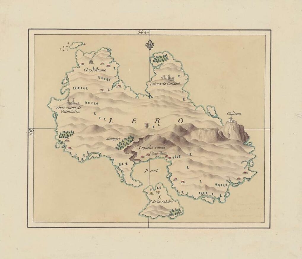 Old map of Leros showing pictorial hills, a château, ruined settlements and a harbour
