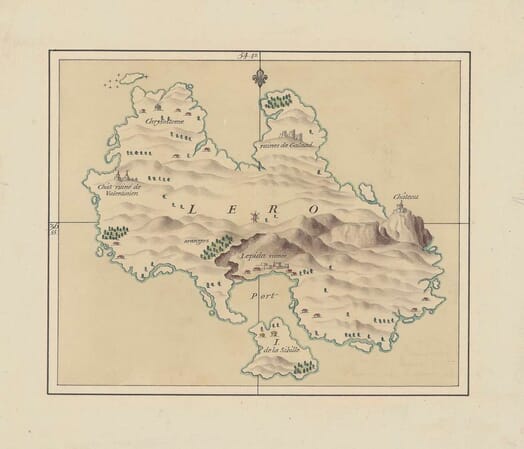 Old map of Leros showing pictorial hills, a château, ruined settlements and a harbour