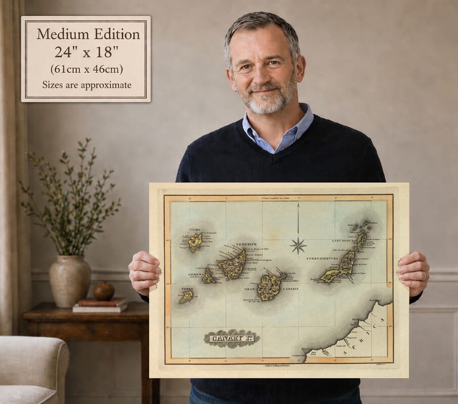 Model holding the Medium Edition old map of the Canary Islands