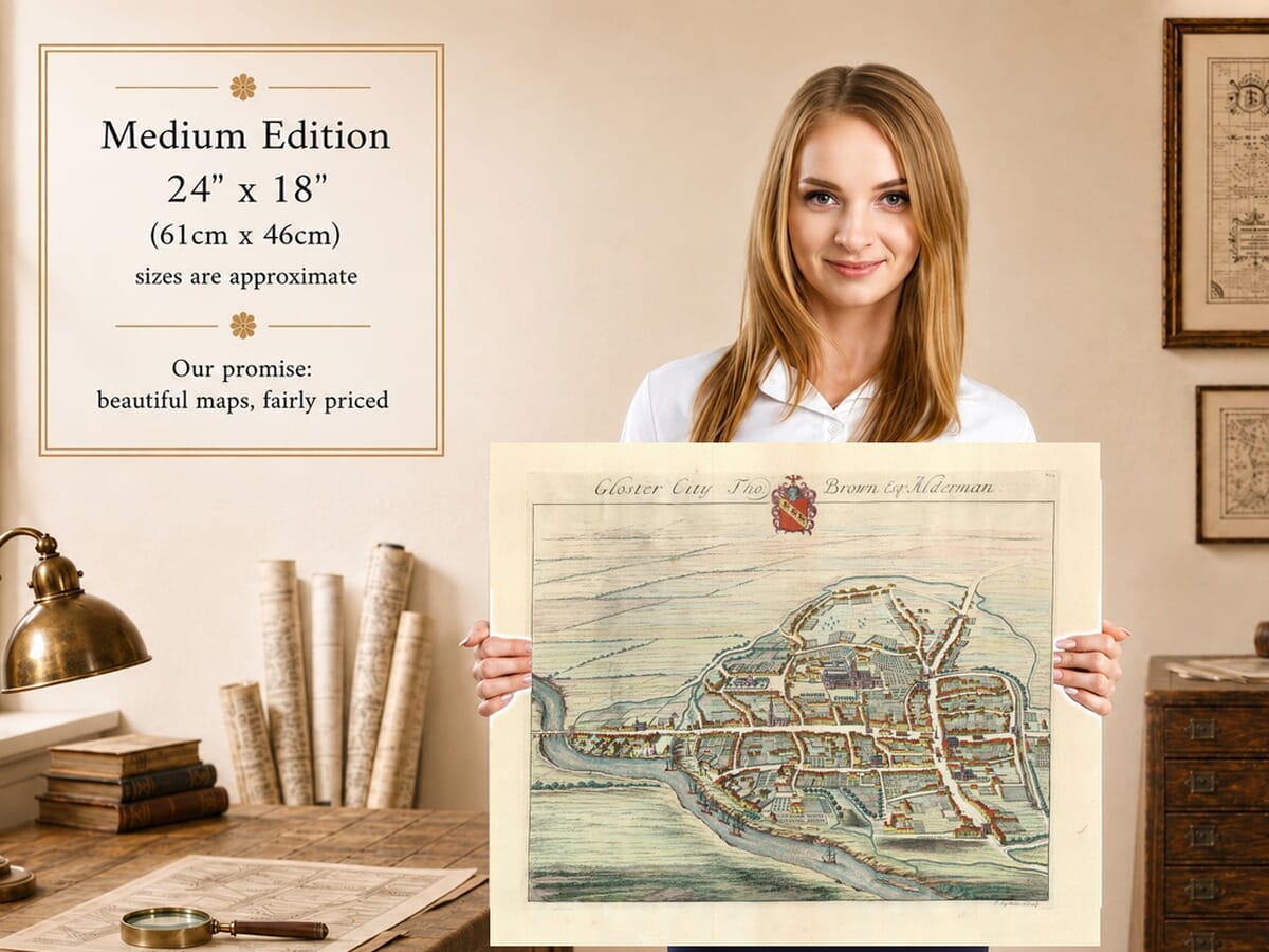 Model holding the Medium Edition town plan of Gloucester